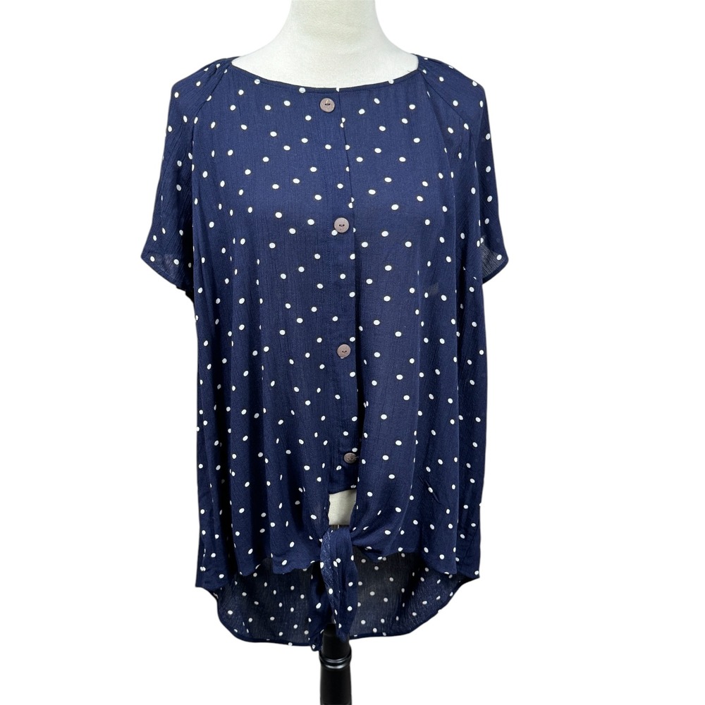 Como Blu Polka Dot Button Tie Front Top Short Sleeve Blouse Navy 2X‎